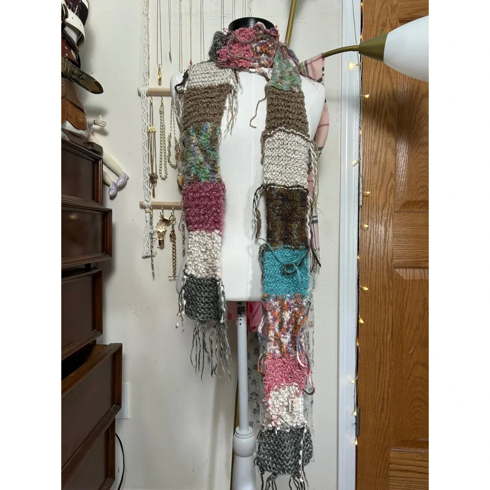 Y2K Mudd‎ Womens Chunky Knit Patchwork Scarf Multi Color Boho Fringed Texture